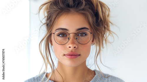 Hipster college student woman showcasing trendy eyewear glasses.