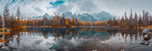 Tranquil high tatra lake in early autumn colorful mountain sunrise, pine forest, ideal for hiking