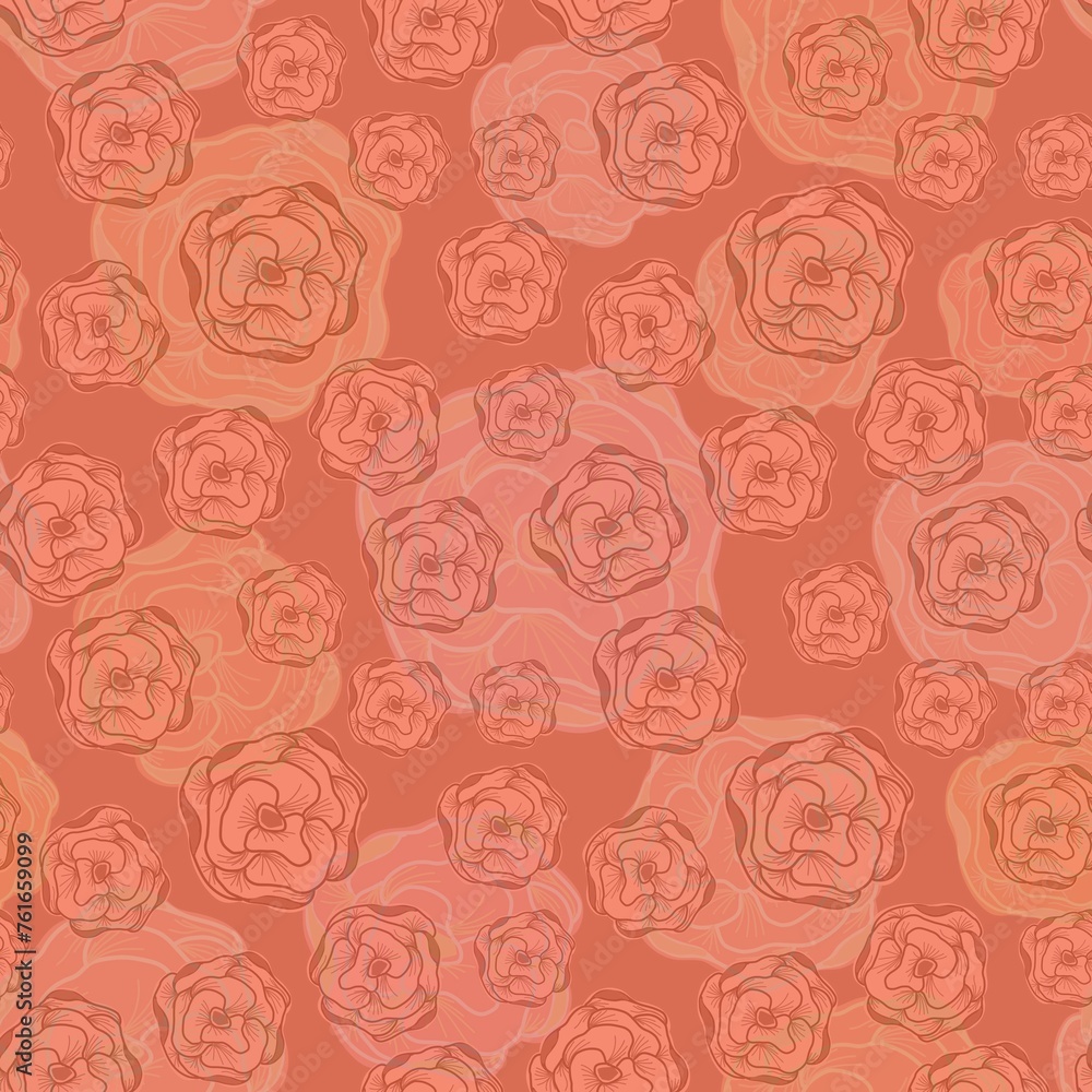 Seamless pattern with rose buds, translucent overlays in digital format on an orange background. Suitable for interior, wallpaper, fabrics, clothing, stationery.