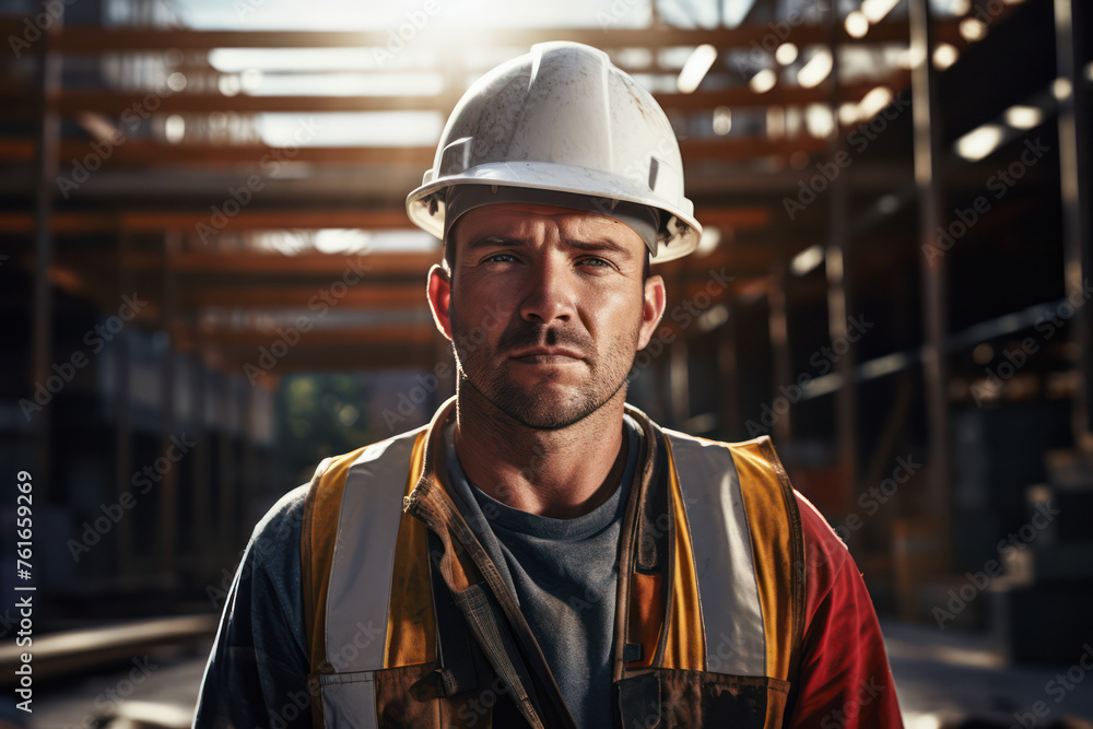 Confident Caucasian Male Construction Worker Wearing Yellow Hardhat Smiling at Industrial Construction Site. Confident Caucasian Male Construction Worker Wearing Yellow Hardhat Smiling at Industrial Construction Site.