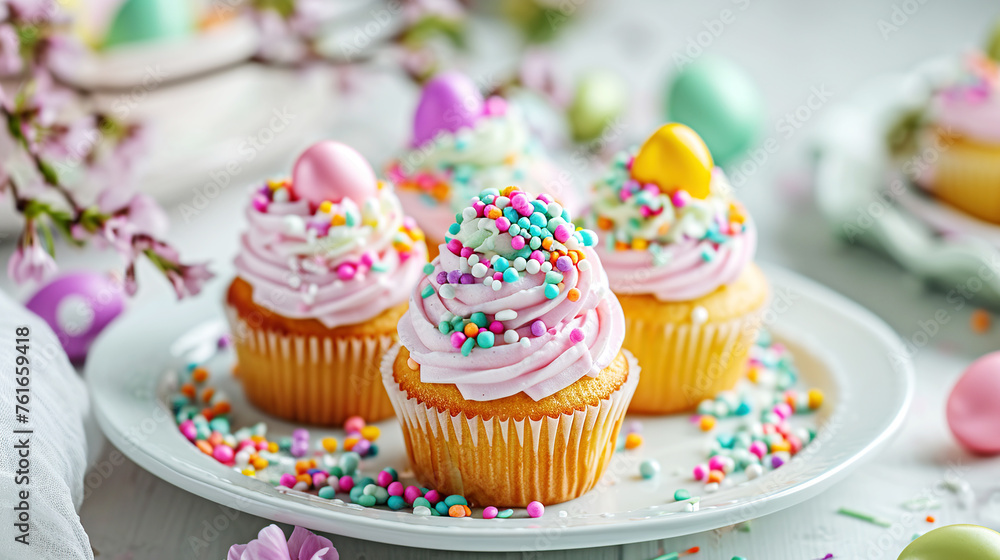 Holiday cupcakes with pink frosting, colorful sprinkles small Easter themed eggs. Traditional homemade pastries Easter