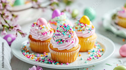 Holiday cupcakes with pink frosting, colorful sprinkles small Easter themed eggs. Traditional homemade pastries Easter © ximich_natali