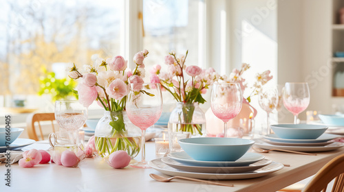 Modern kitchen with set of dishes in pastel pink and cherry blossoms. Spring table setting for Easter, in cozy kitchen