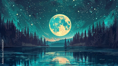 A full moon in the sky over a forest and lake, with a reflection on the water, in a night scene with stars, and a bright turquoise glow from the full moon, in a fantasy landscape, in a digital art sty photo