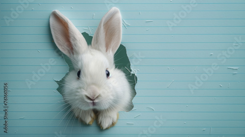 Cute easter bunny peeking through a hole in a notebook paper wall with copy space, greetings card design