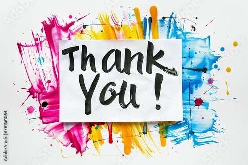 Thank you note against abstract background with watercolor paint splashes.