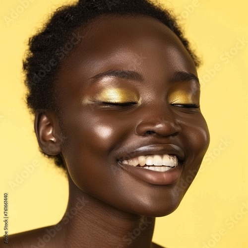 Experience the radiance of a 20-year-old African model with stunning brunette hair in a skincare portrait. Enhanced by a soft backdrop, luminous filter effect, and cinematic clarity, the image exudes 