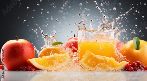 fruit slices of oranges and apples with water splashing