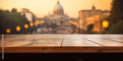 The empty wooden table top with blur background of Rome. Exuberant image. generative AI photo