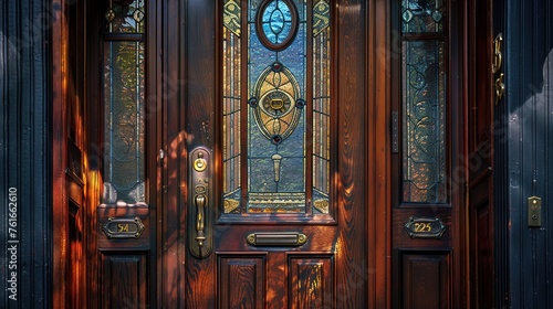 A detailed shot of a craftsman townhouse's front door, boasting intricate stained glass panels and ornate brass hardware, inviting guests inside.