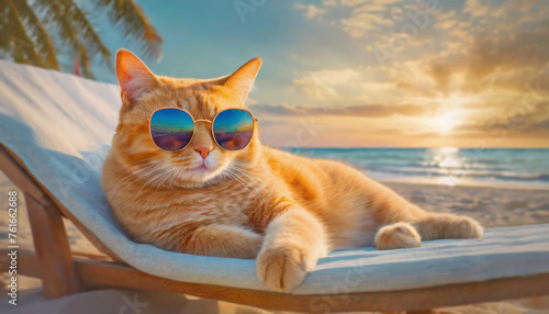 Fat orange cat wearing sunglasses laying on a sunbed at the beach. Ginger tomcat boss summer holiday resting seaside on a tropical resort photo