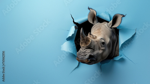 Close-up shot of a rhino partially visible through ripped blue paper © Fxquadro