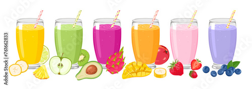 Set of different smoothies, fresh berry and fruits. Vector cartoon illustration of healthy cocktails.