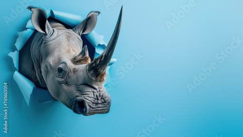 A digitally crafted image featuring a rhinoceros appearing to rip through cyan colored paper with lifelike detail