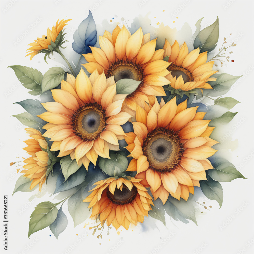 Drawing of sunflower bouquet on white background Drawing of sunflower bouquet on white background
