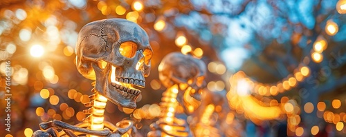 decoration of the happy and playful skeletons at the sunny backyard in blurred background