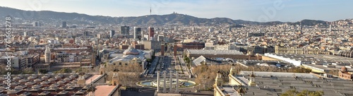 Panoramic view of barcelona from mont juic view point. centre is plaza espanya and collserola tower in the back