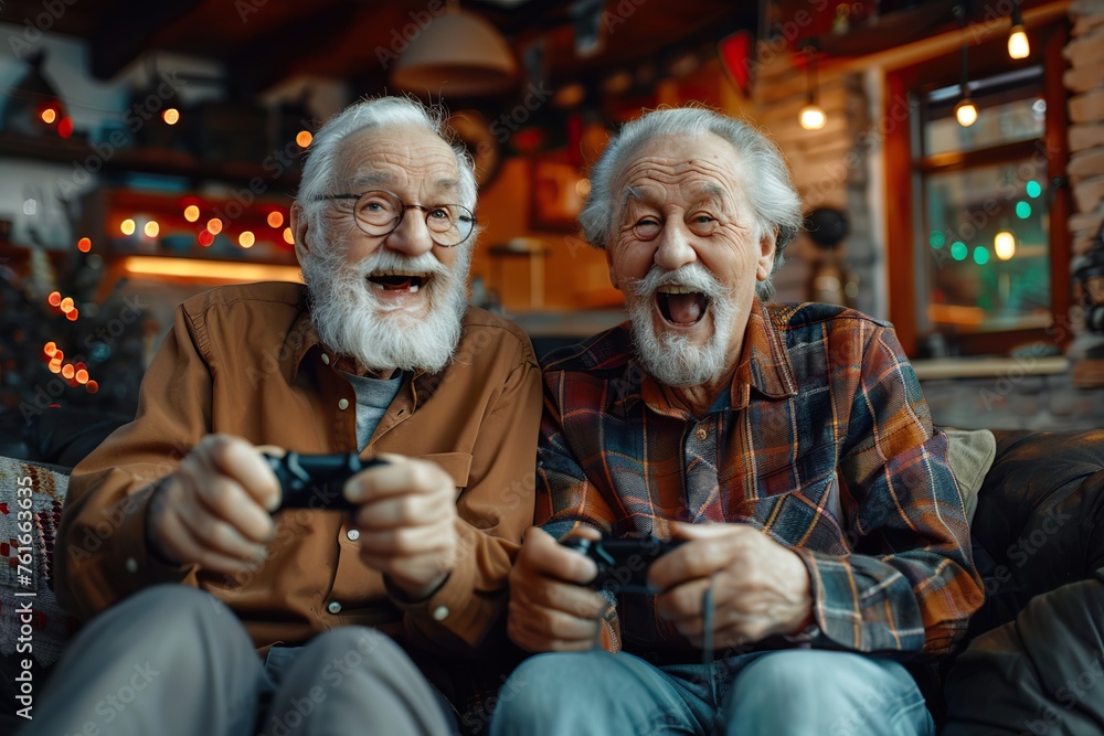Joy of Gaming Transcends Age Two Delighted Retired Men Immersed in a Video Game Session, Holding Gamepads, Embodying the Concept of Elderly People Enjoying Videogames.