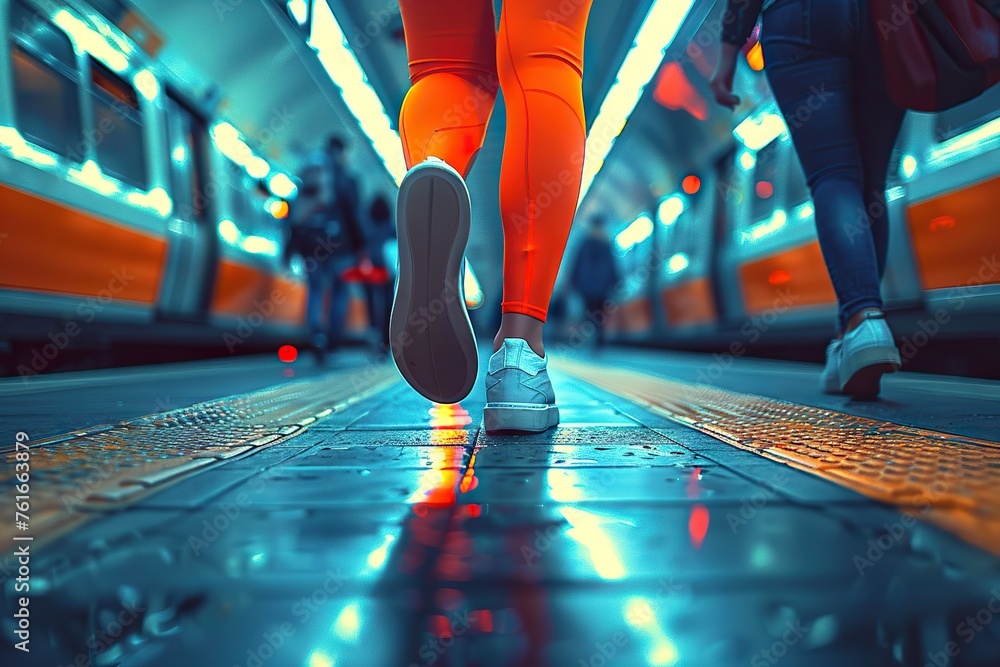 Fototapeta premium Journey of Daily Life Commuter Legs Walking Alongside a Suburban Train, Depicting People’s Routine of Public Transportation Between Home and Work