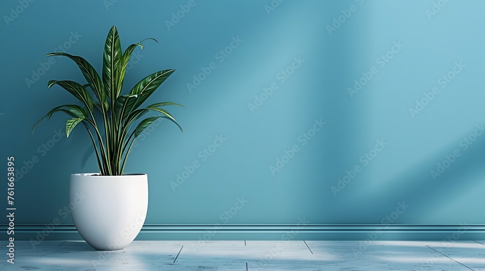Potted Plant on Blue Wall in Empty Room: A Minimalistic Interior Design Element Potted Plant on Blue Wall in Empty Room: A Minimalistic Interior Design Element