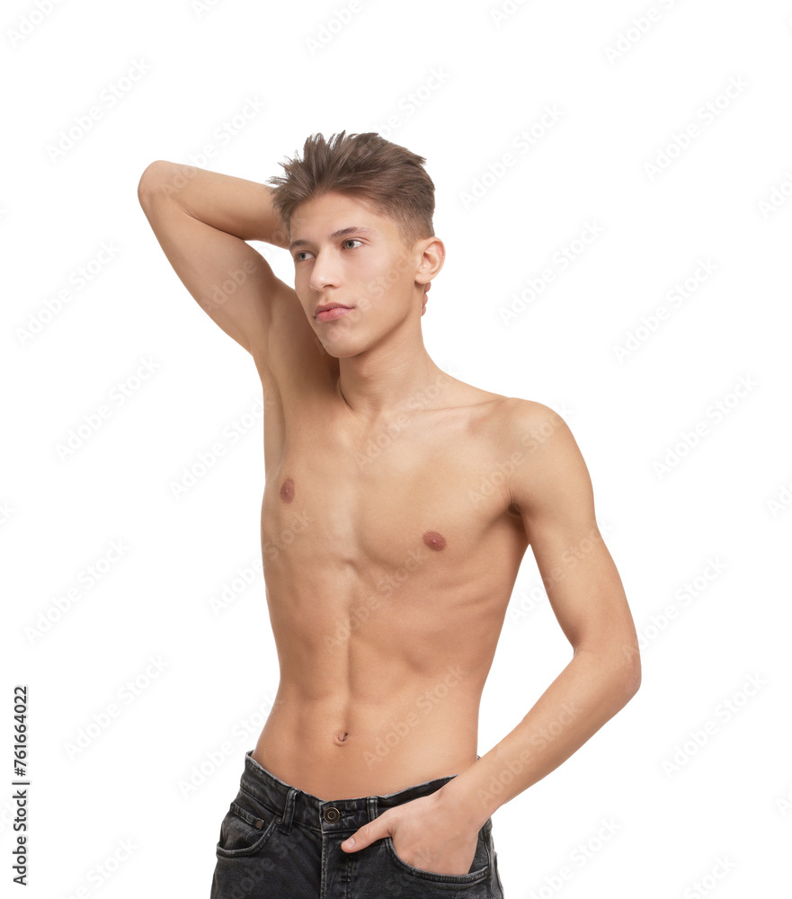 Shirtless man with slim body isolated on white