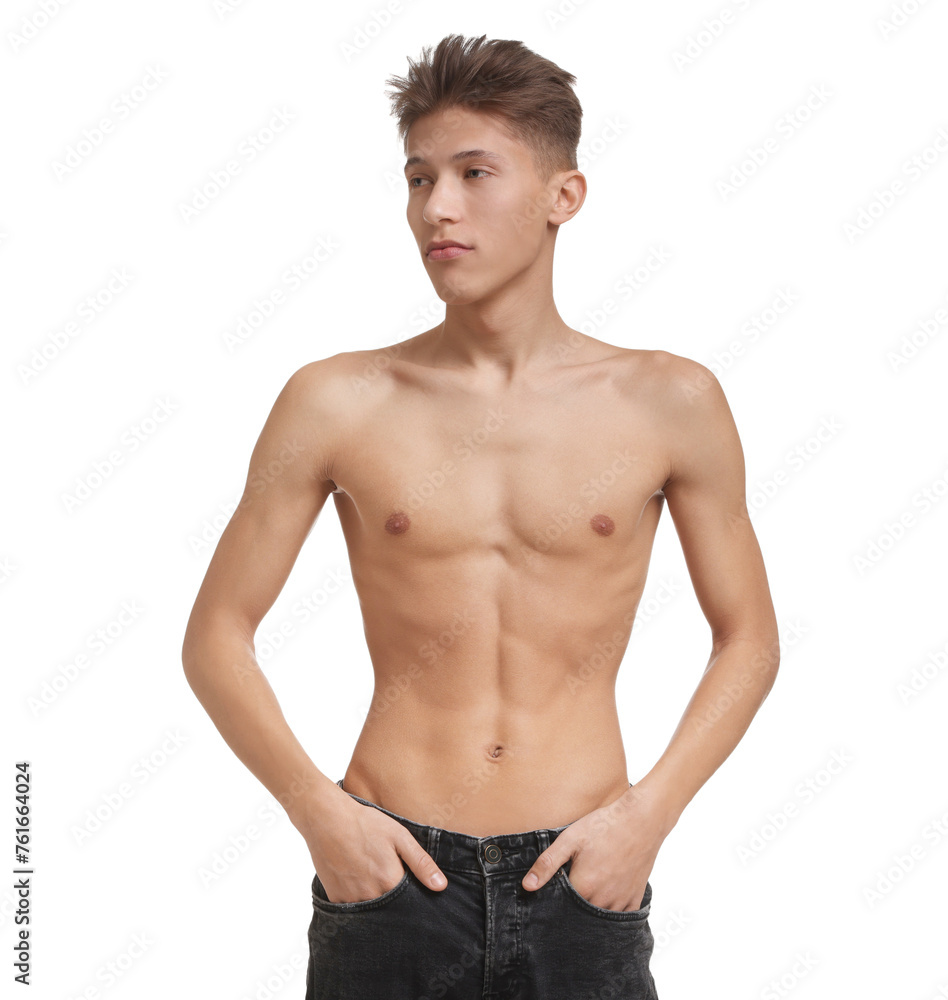 Shirtless man with slim body isolated on white Shirtless man with slim body isolated on white