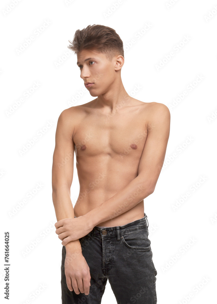 Shirtless man with slim body isolated on white Shirtless man with slim body isolated on white