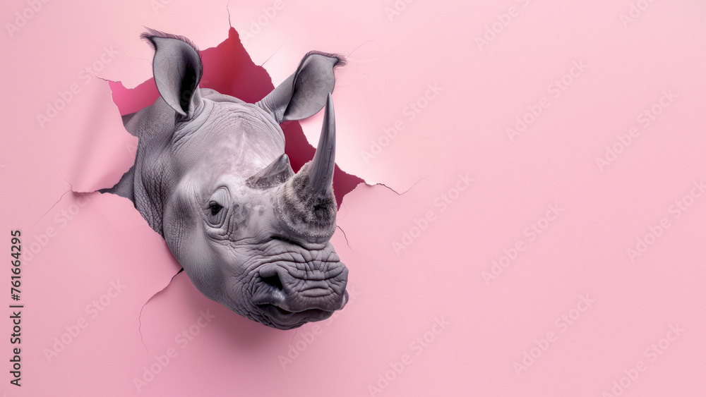 Stunning imagery of a rhino face breaking through a pink wall, symbolizing disruption and unique approach