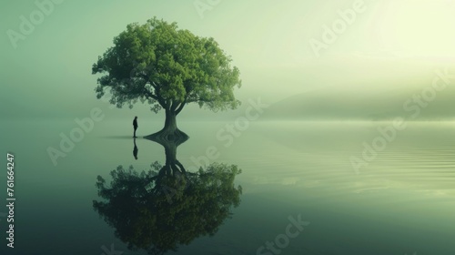 huge tree with human silhouette at a lake with stunning reflexions. 