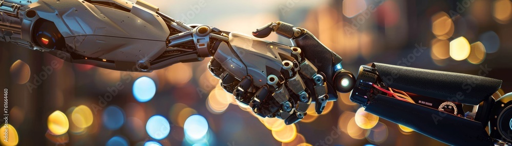 A human a robot and a humanoid their hands clasped under backlight a symbol of overcoming barriers together A human a robot and a humanoid their hands clasped under backlight a symbol of overcoming barriers together