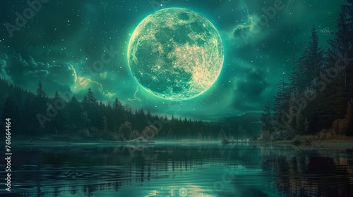 A full moon in the sky over a forest and lake, with a reflection on the water, in a night scene with stars, and a bright turquoise glow from the full moon, in a fantasy landscape, in a digital art sty © Xabi