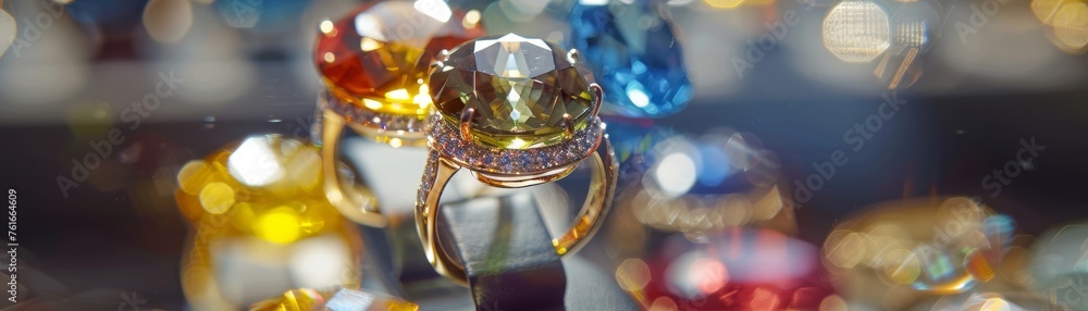 Shiny colorful gem ring faceted to perfection in a gemology workshop Shiny colorful gem ring faceted to perfection in a gemology workshop