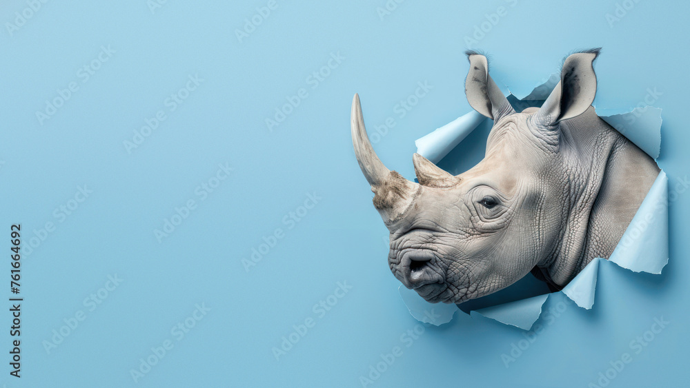 A profile shot of a rhinoceros head with folded blue paper, portraying contemplation and depth A profile shot of a rhinoceros head with folded blue paper, portraying contemplation and depth