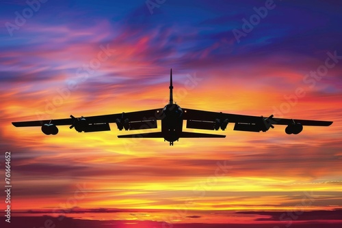 The silhouette of a bomber aircraft against a vibrant sunset