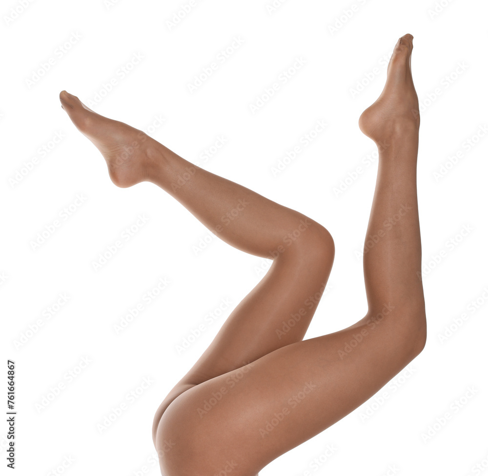 Woman with beautiful long legs wearing tights on white background, closeup Woman with beautiful long legs wearing tights on white background, closeup