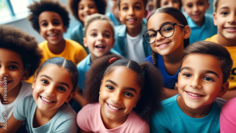 Smiling group of Multi-ethnic children looking at camera and posing together. Diverse different cool school students boys and girls wide angle. Concept diversity and inclusion Smiling group of Multi-ethnic children looking at camera and posing together. Diverse different cool school students boys and girls wide angle. Concept diversity and inclusion