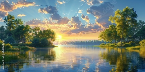 A serene lake reflects the captivating sunset, framing nature's beauty against the tranquil sky.