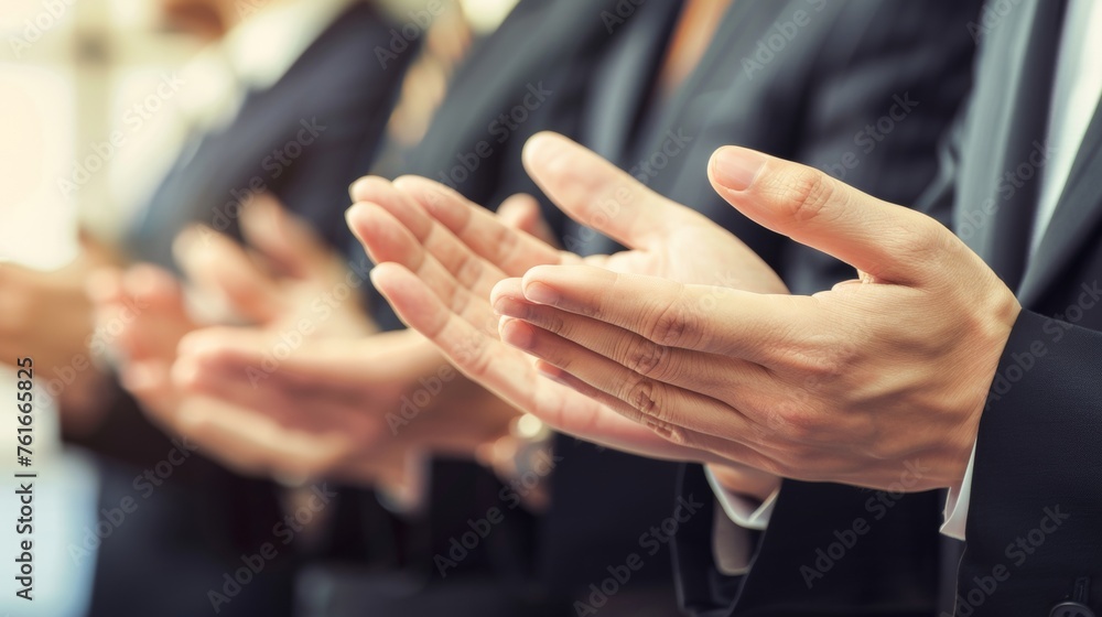 Multicultural business professionals celebrate together at diverse team meeting with applause