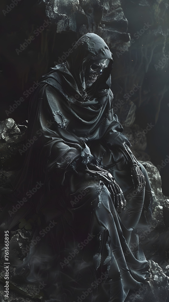 Sculpture of skeleton sitting in dark cave