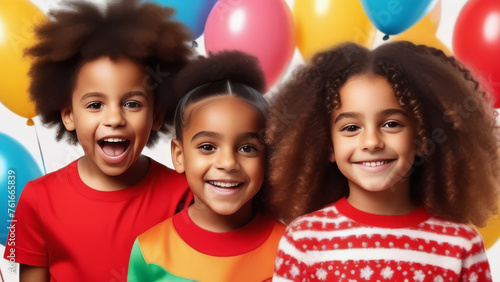 Group of happy Multi-ethnic children looking at camera on colored background. Diverse different cool school students boys and girls. Concept diversity and inclusion