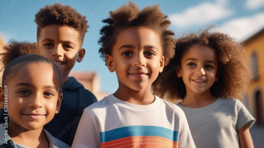 Group of Multi-ethnic children looking at camera and posing together. Diverse different cool school students boys and girls. Concept diversity and inclusion Group of Multi-ethnic children looking at camera and posing together. Diverse different cool school students boys and girls. Concept diversity and inclusion