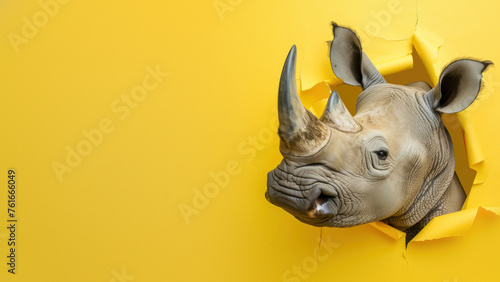A dynamic image depicting a rhino head bursting through a yellow paper, representing force and unexpectedness photo