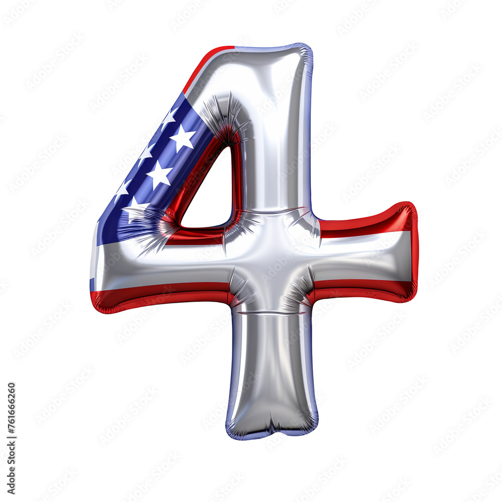 USA flag style metallic 4 number balloon Realistic 3D on white background. Generative ai USA flag style metallic 4 number balloon Realistic 3D on white background. Generative ai