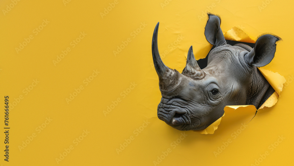 Fototapeta premium An illusion of a rhino's head emerging from a torn paper with a 3D pop-up effect
