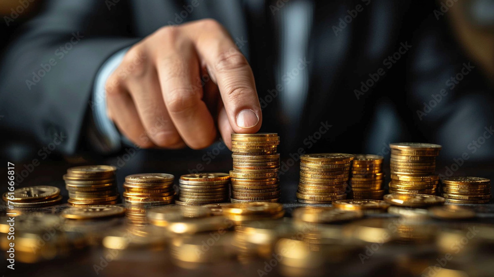 Stacks of coins on the table with dark tone background businessman pointing to stack of golden coin ,Financial, saving money and investment concept Stacks of coins on the table with dark tone background businessman pointing to stack of golden coin ,Financial, saving money and investment concept