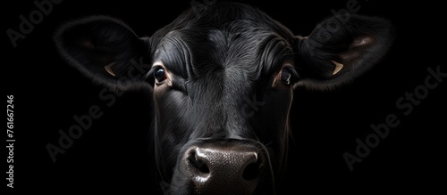 A close up of a black cows snout against a dark background  portraying a working animal in monochrome photography. The contrast creates an electric blue shine on the metal details