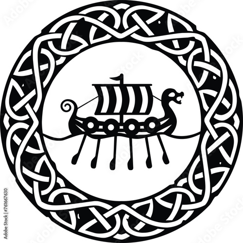 Celtic Circle or Ring Knot Pattern with Viking Drakkar Ship