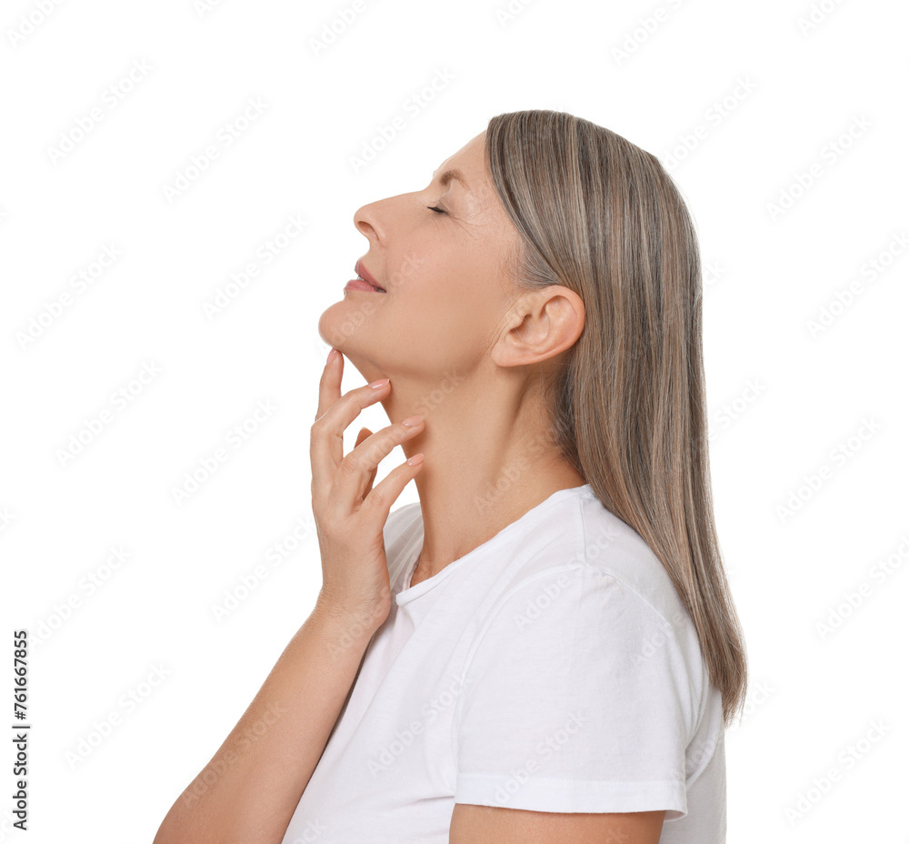 Beautiful woman touching her neck on white background Beautiful woman touching her neck on white background