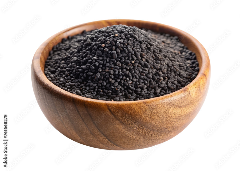Wooden bowl of black sesame seeds. isolated on transparent background. Wooden bowl of black sesame seeds. isolated on transparent background.