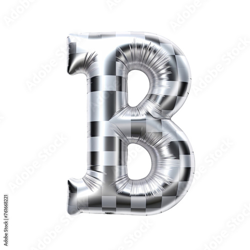 Silver gingham metallic B alphabet balloon Realistic 3D on white background. Generative ai